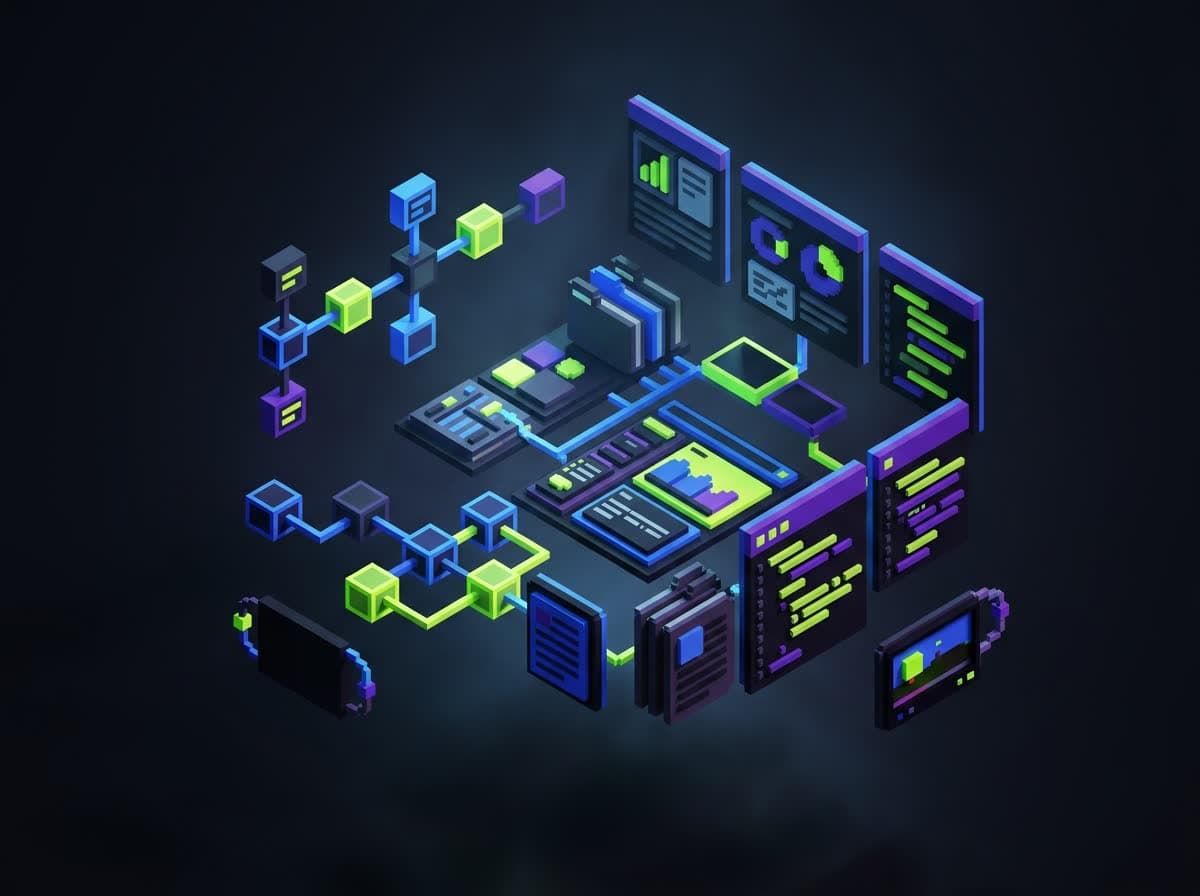 Voxel illustration of floating canvas panels, flowchart nodes, and code blocks orbiting one workspace.