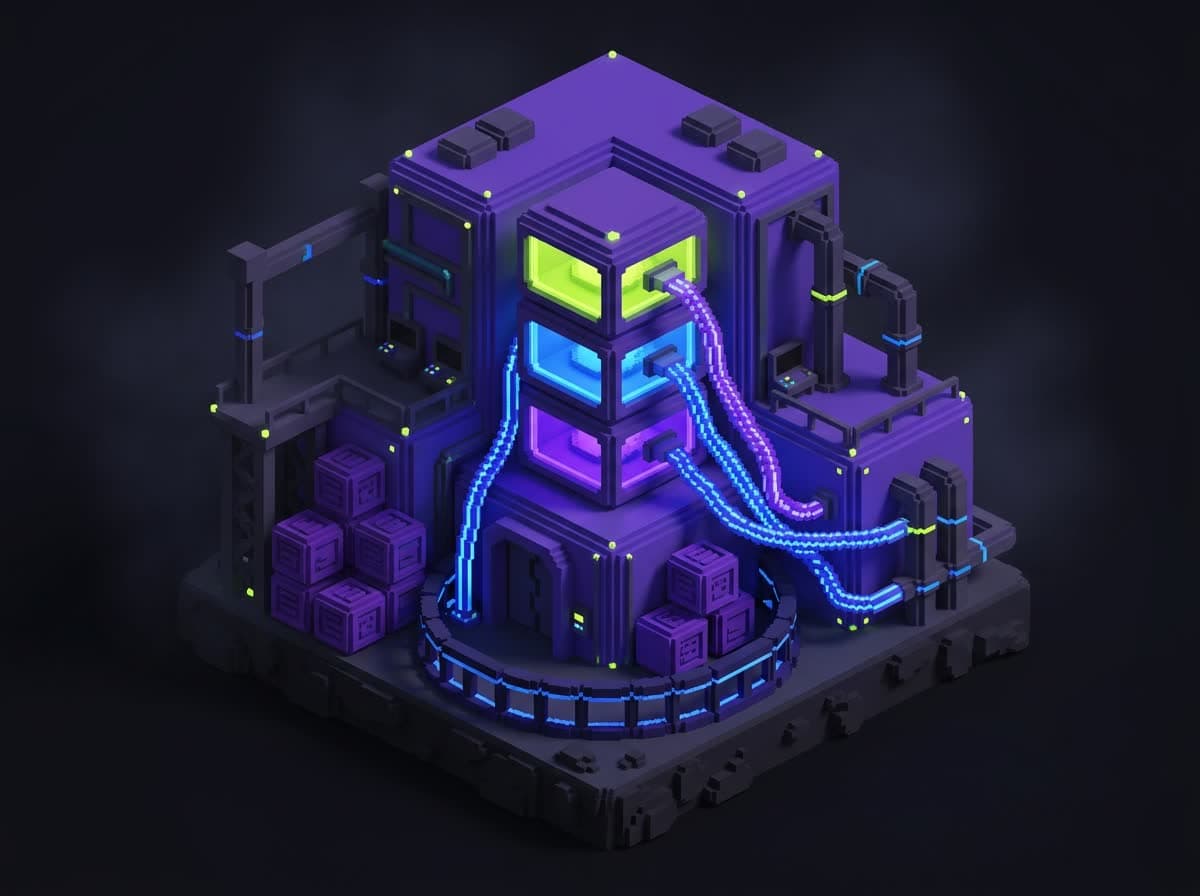 Voxel illustration of a sealed archive vault with four glowing model chambers ringed by a guardrail.